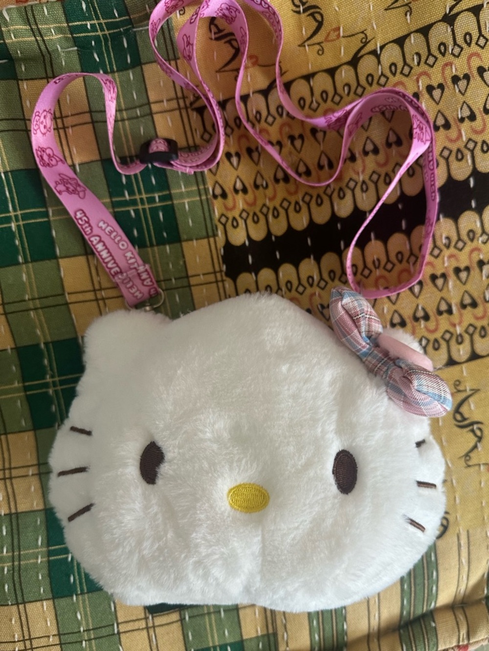 Hello Kitty Sanrio Plush Crossbody with Pink Plaid Bow for Girls Children Women